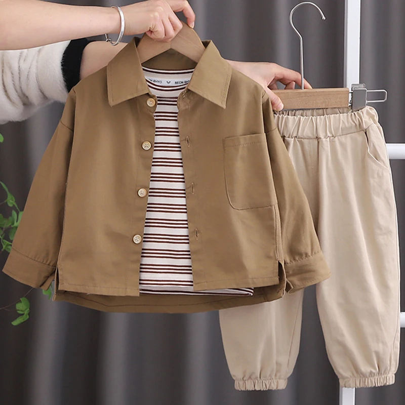 Spring Boys Outfits Toddler Clothes Korean Casual Fashion Stripe Shirt+Baby Tops+Pants Boutique Children Clothing Sets BC2470-1