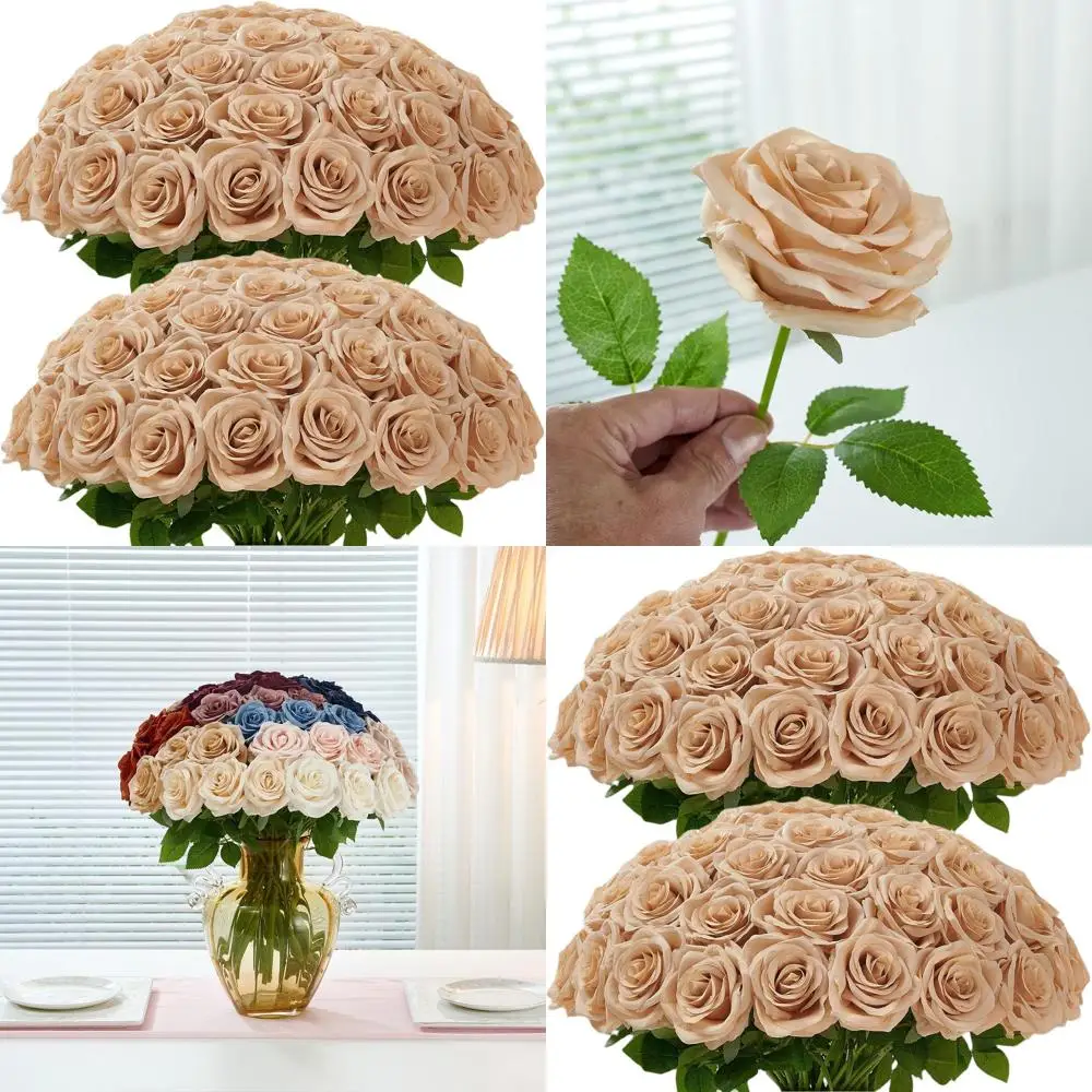 

50 Pack Beige Artificial Silk Roses with Stems for Weddings, Party, and Birthday Decorations