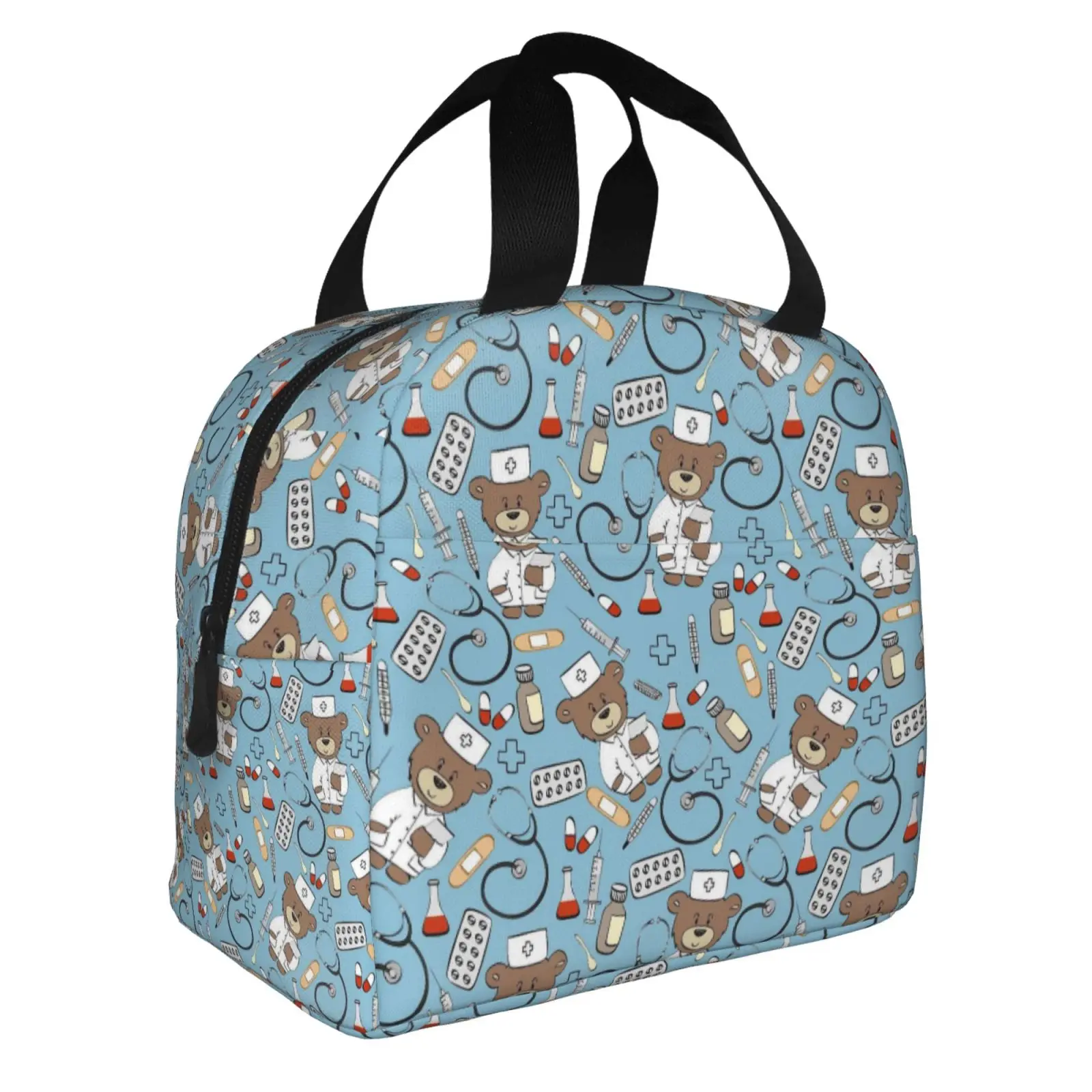 Medical Nurse Bear Print Insulated Lunch Bag, Portable Cooler Tote Bag Gift for Nurse, Doctor and Healthcare Workers