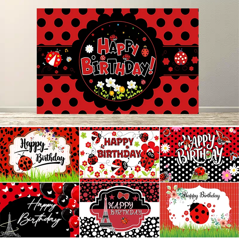 Dewprint Ladybug Happy Birthday Decoration Backdrop Banner Cute Ladybird Red Black Polka Dots Background Girls Kids Party Props