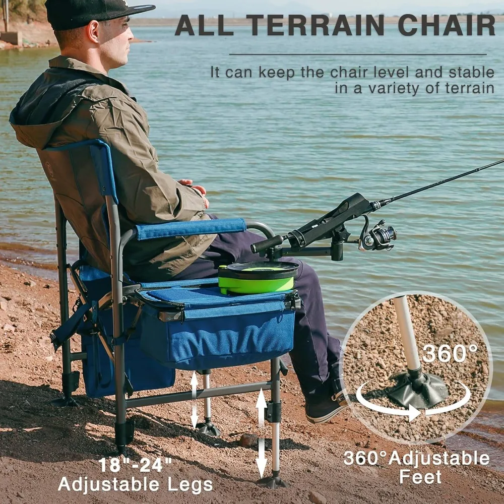 All Terrain Ice Cadeira Pesca com Rod Titular e Cooler, pés ajustáveis, Folding Camping Chair, Mesh Voltar