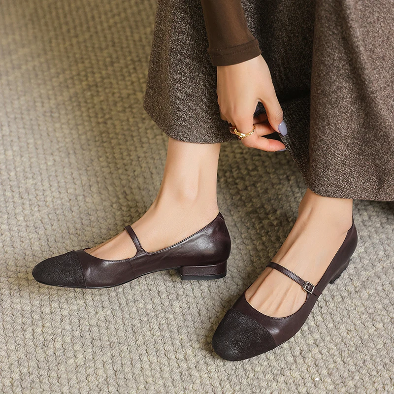 2026 Spring Women's Genuine Cowhide Mary Jane Shoes Cap Toe Two Tone Low Block Heel Round Toe Buckle Strap Vintage Ballet Flats