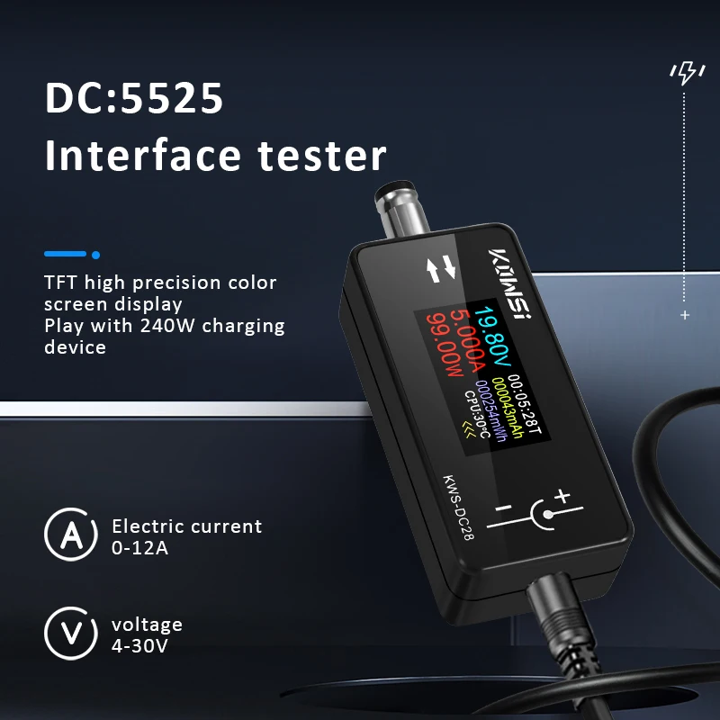 KWS-DC28 Interface Tester 4-30V 12A Digital Voltage Ammeter Multifunctional Interface Tester with TFT HD Color Screen Display