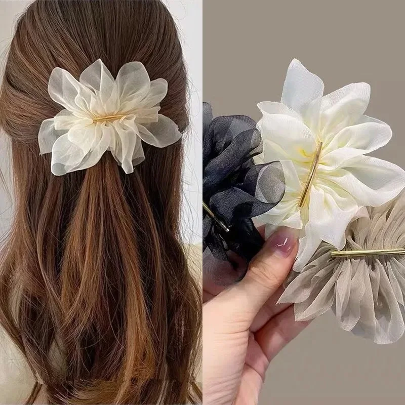 Korean Chiffon Flowers Hair Clip Women Back Head Ponytail Clip Super Fairy Temperament Sweet Elegant Girls Spring Clip Headdress