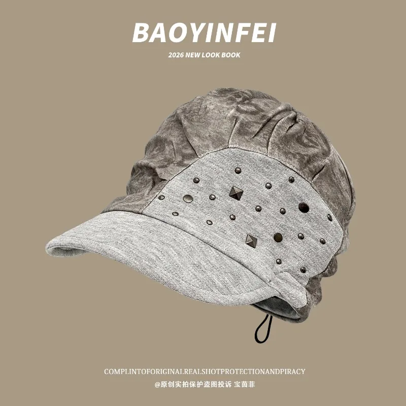 Japanische Nietenverbindung ​ ​ Kurzbrim-Mütze für Frühling und Herbst, modische Wintermütze, große Kopfbedeckung, Sonnenschutz, warme Newsboy-Kappe – Detail 3