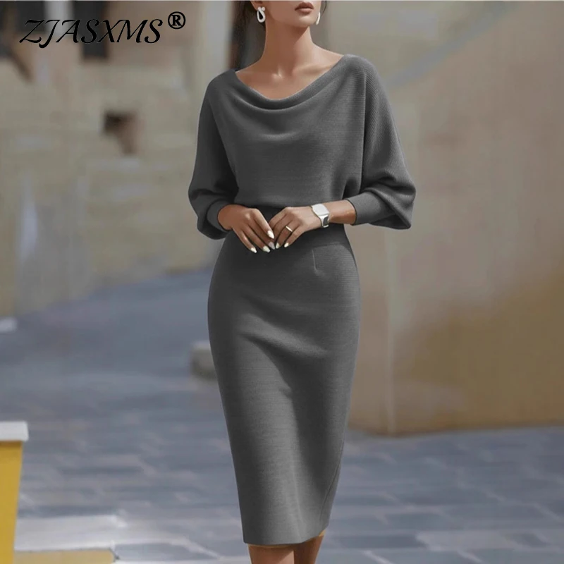 2026 Spring Sexy Draped Crew Neck Party Dress Woman Elegant Solid High Waist Slim Hips Dress Autumn 3/4 Sleeve Zips Office Dress