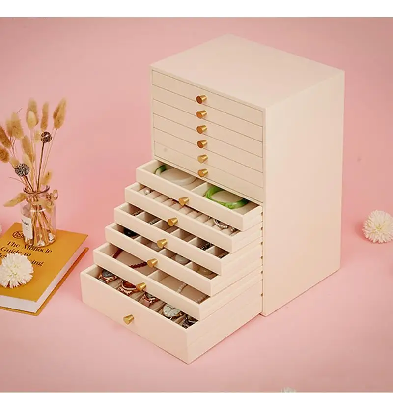 

12-layer Jewelry Box Creamy White Wooden Storage Organizer Brass Handle Drawer Necklace Earring Ring Tray