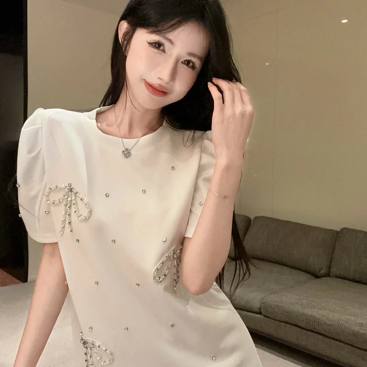 

Футболка Heavy Embellied Knot ort Sve, женский топ для похудения Faion, новинка лета, Sle Ele Personali