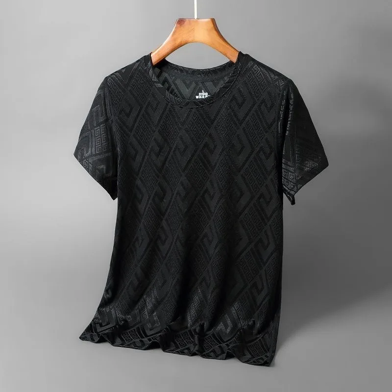 Men's Beige Greek Key Pattern Crew Neck Short Sleeve Casual Daily Slim-Fit T-Shirt