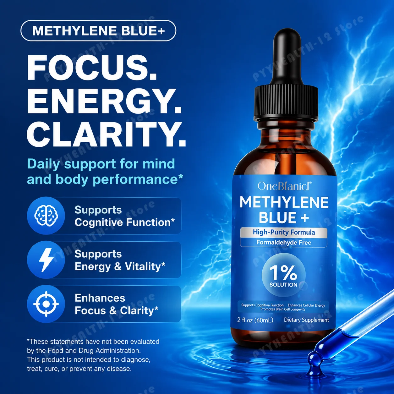 Methylene Blue +VitaminC Liquid Drops 1% High‑Purity Formaldehyde‑Free for Cognitive Focus,Cellular Antioxidant Support, 60ml