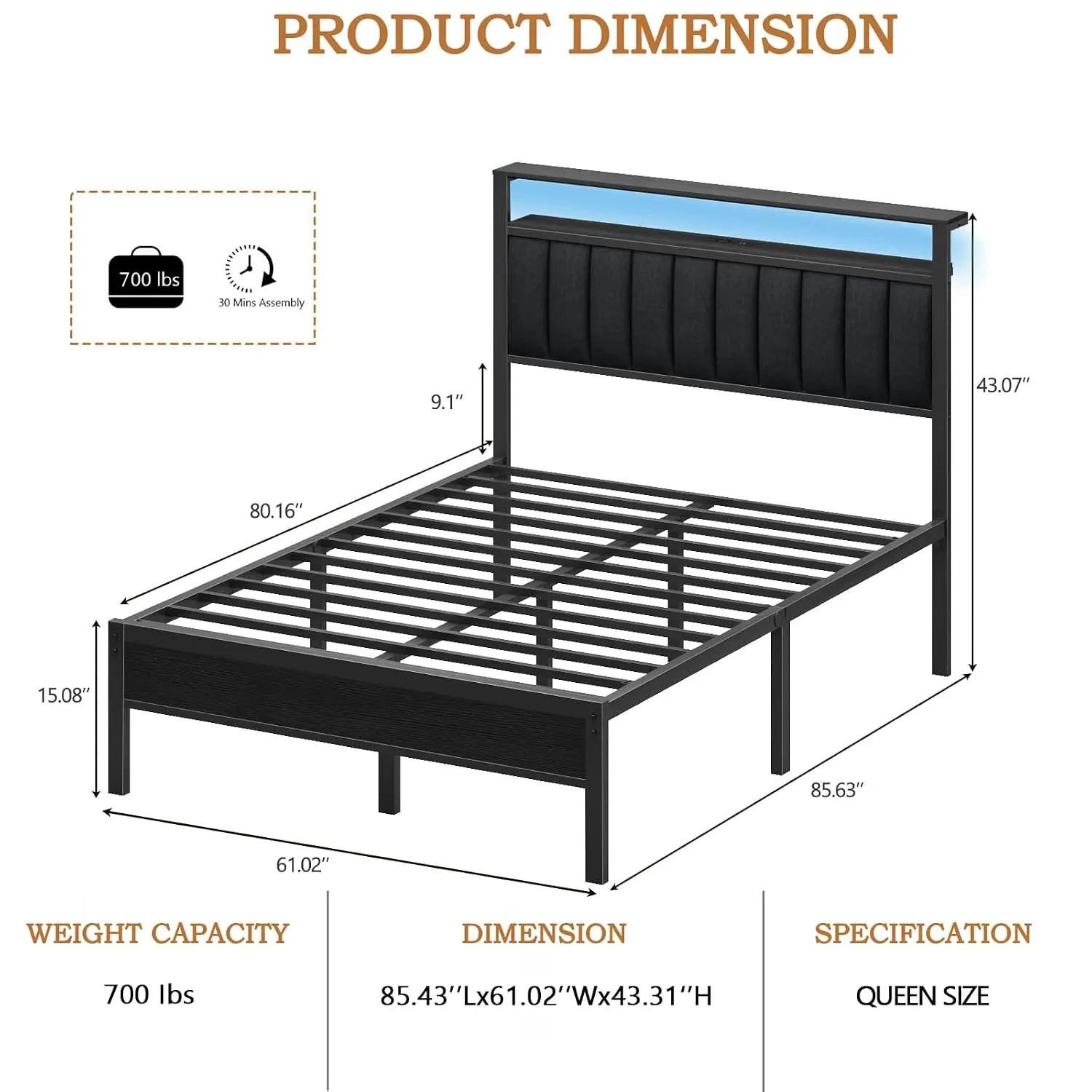 Queen Bed Frame with USB Charging Station & LED Lights, Customized