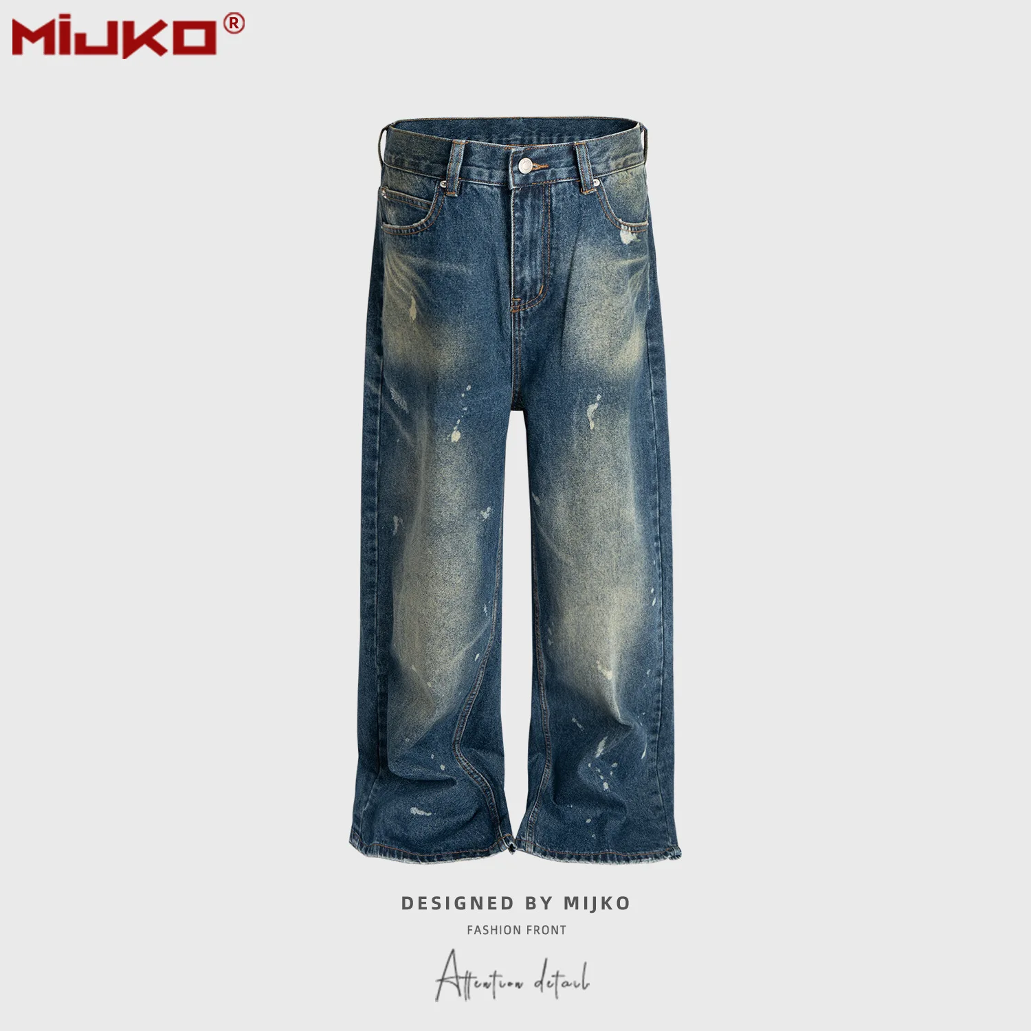 G6853# Unisex Washed Vintage Faded Jeans Blue Graffiti Splatter Paint Straight Leg Pants