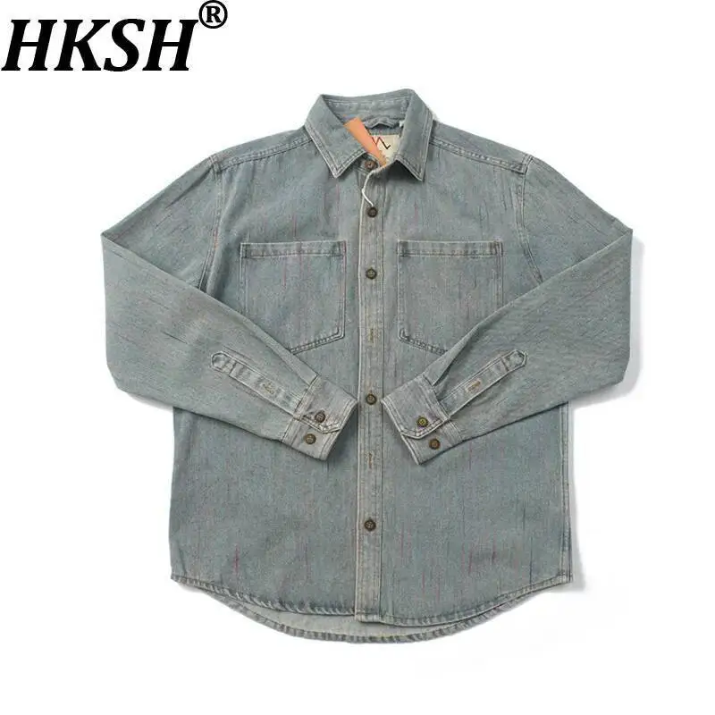 

HKSH Spring Summer New Men Rainbow Stripes American Vintage Washed Denim Shirt Casual Loose Long Sleeve Chic Ins Shirts HK21981