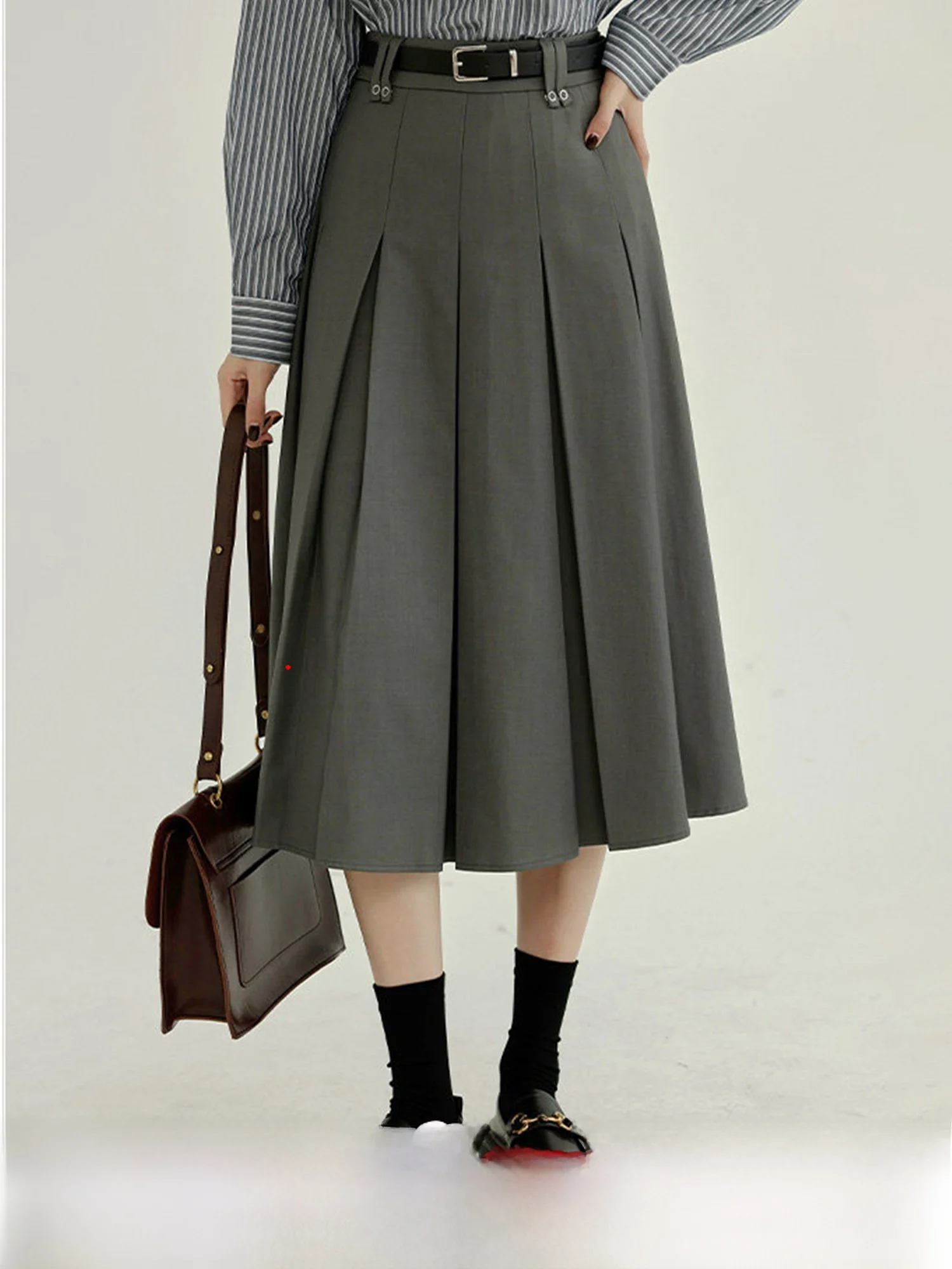 

High Waist Midi Skirt Women's Commuter College Sle Slimming A-Line Skirt Spring New Arrival Polyester Fiber Gored Skirt