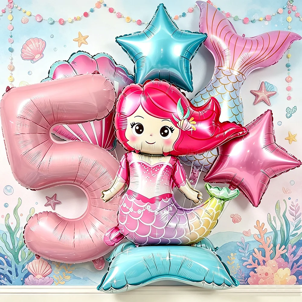 6pcs Mermaid Birthday Balloon Set 5th Birthday Party Decor Shell Little Mermaid Tail Balloon Girl Birthday Under The Sea Favors view 2