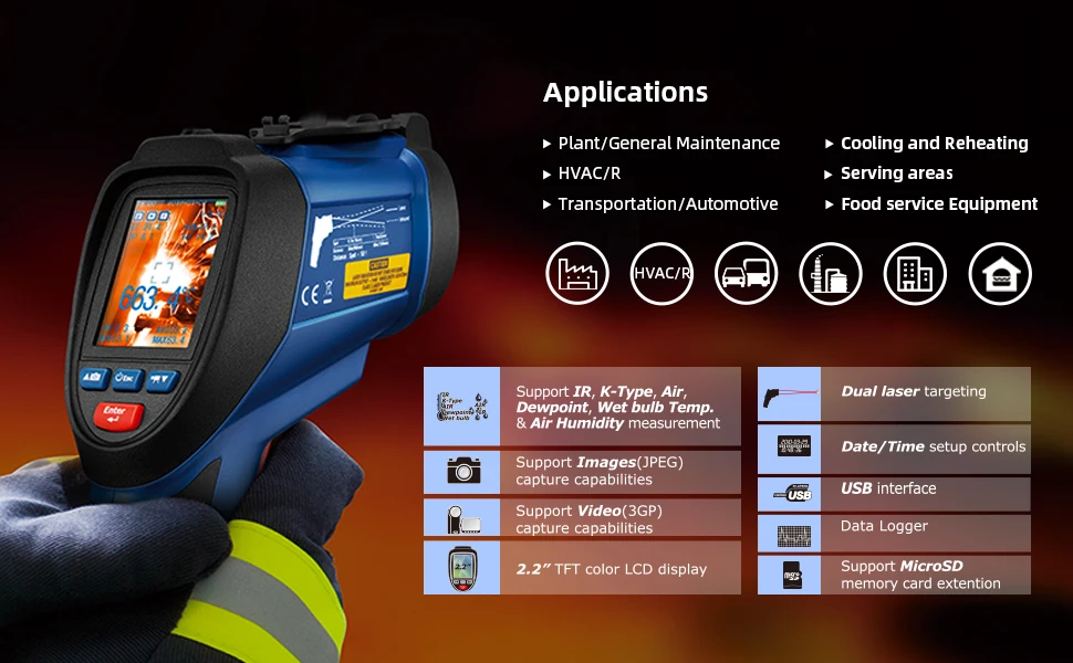 CEM DT-9862S  infrared thermometer-50 to 2200 celsius  Video Thermometers with color LCD display  -50 to 2200 celsius