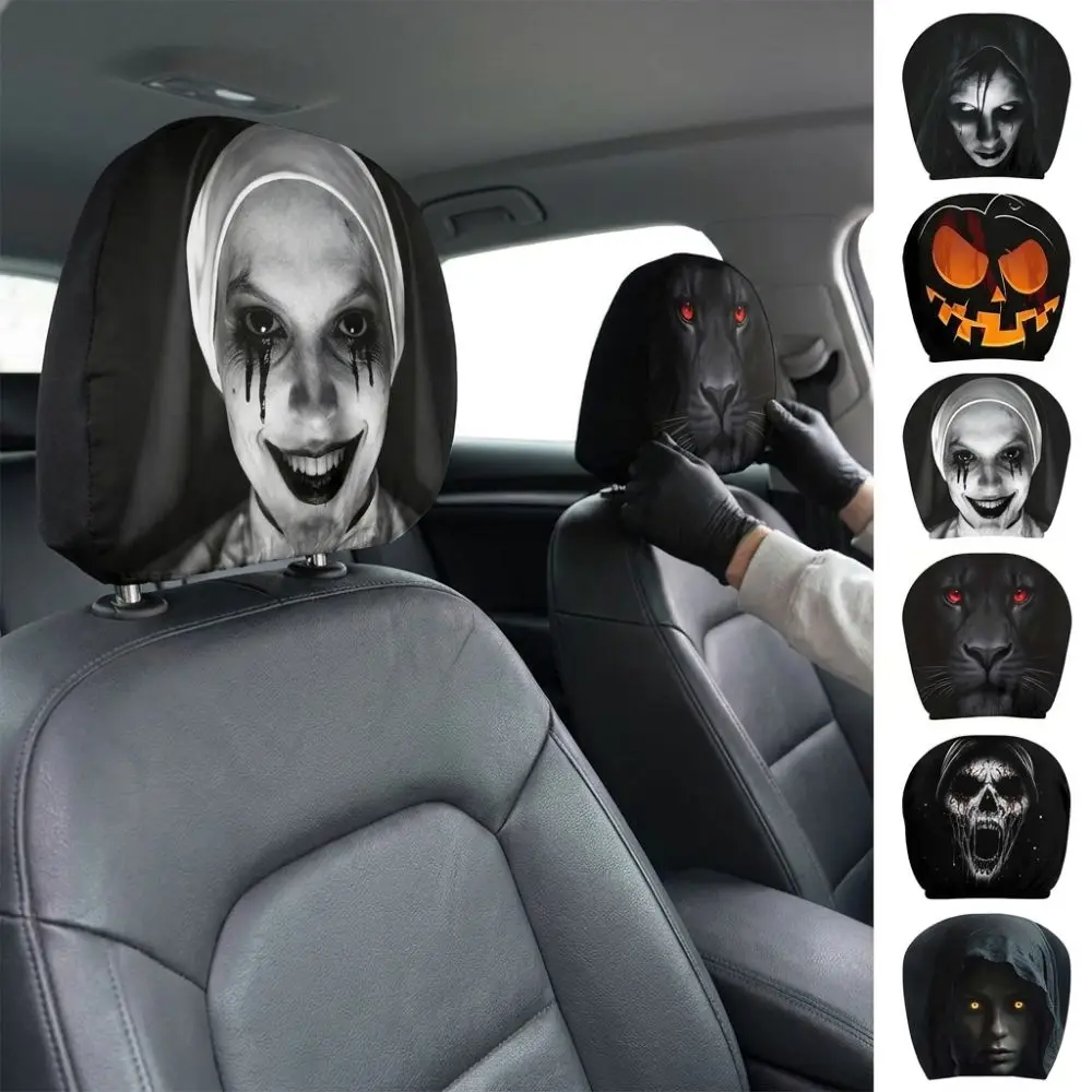 2Pcs Elastic Halloween Car Headrest Covers Soft Comfortable Scary Nun Skull Spooky Face Auto Headrest Sleeve Breathable