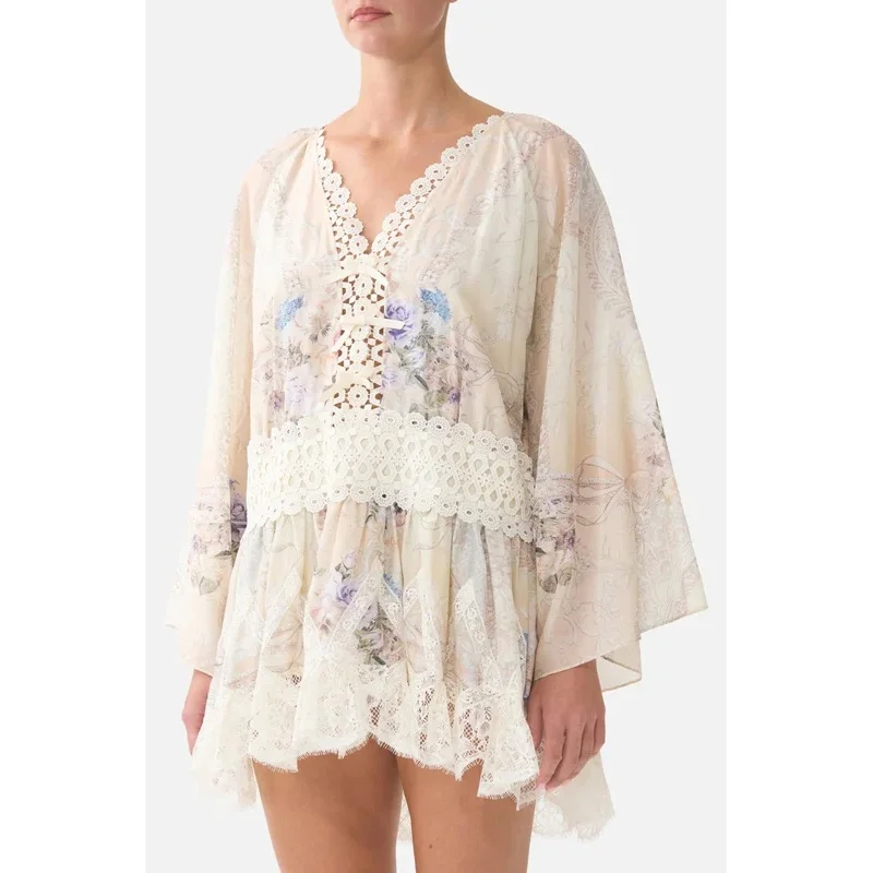Women Positional Flower Print V-Neck Lace Embroidery Embellish Silk Cotton Mini Dress