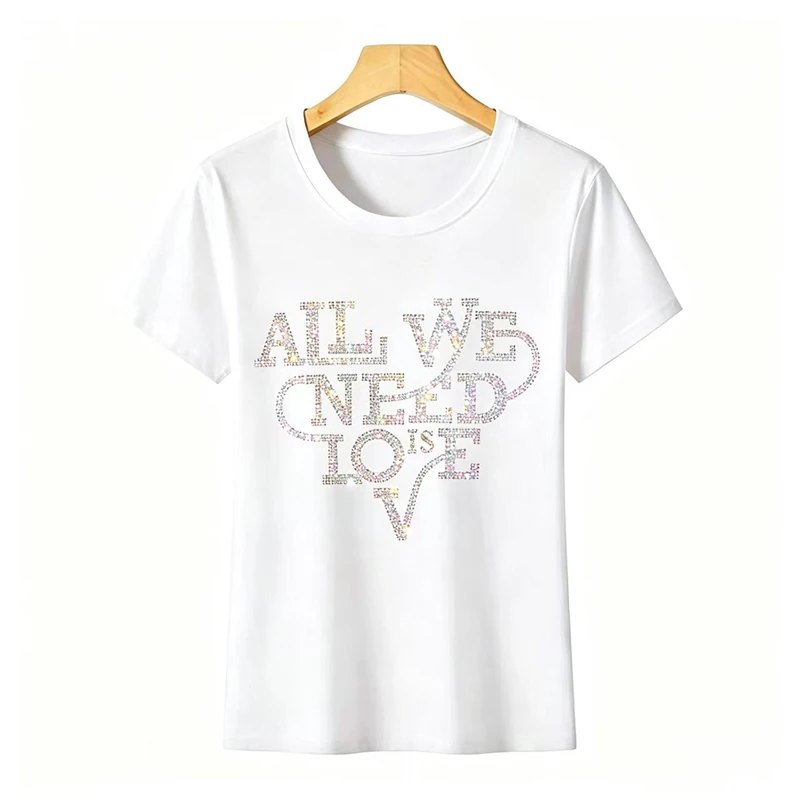 IZEVUS Shiny hot diamond letter fashionable women's T-shirts, summer short-sleeved casual T-shirts sell hot cotton T-shirts