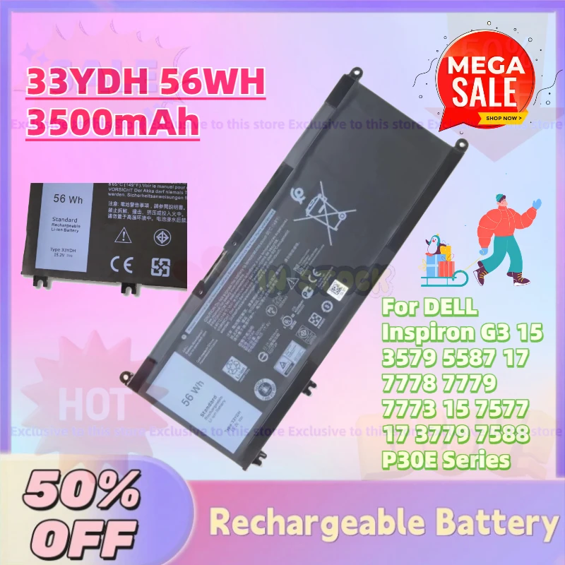 

33YDH 56WH 3500mAh 15.2V Laptop Battery for DELL Inspiron G3 15 3579 5587 17 7778 7779 7773 15 7577 17 3779 7588 P30E Series