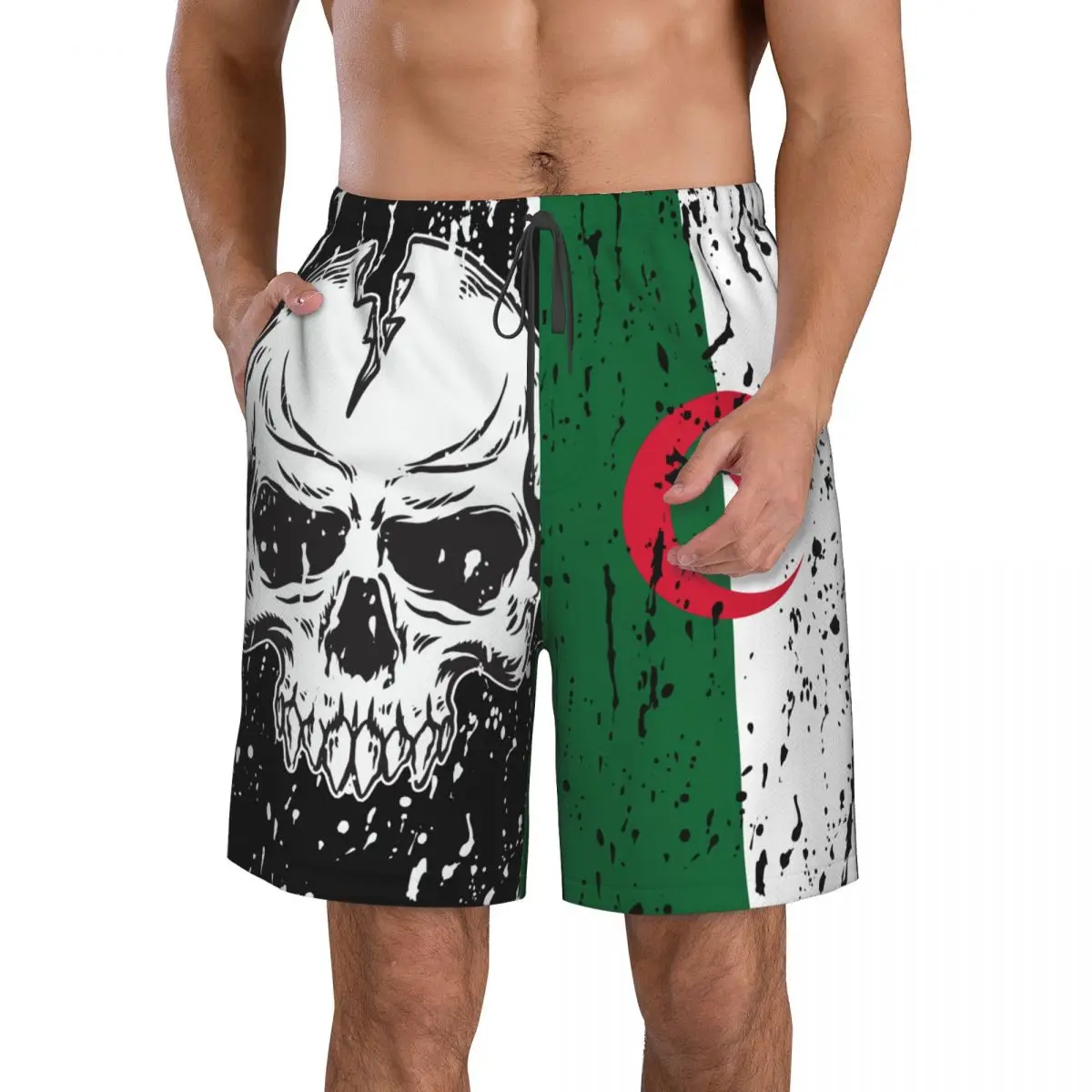 Algeria Flag Vintage Skull Men's Novelty Swimtrunks Quick Dry 3D Printed Mesh Lining Beach Board Shorts with Pockets