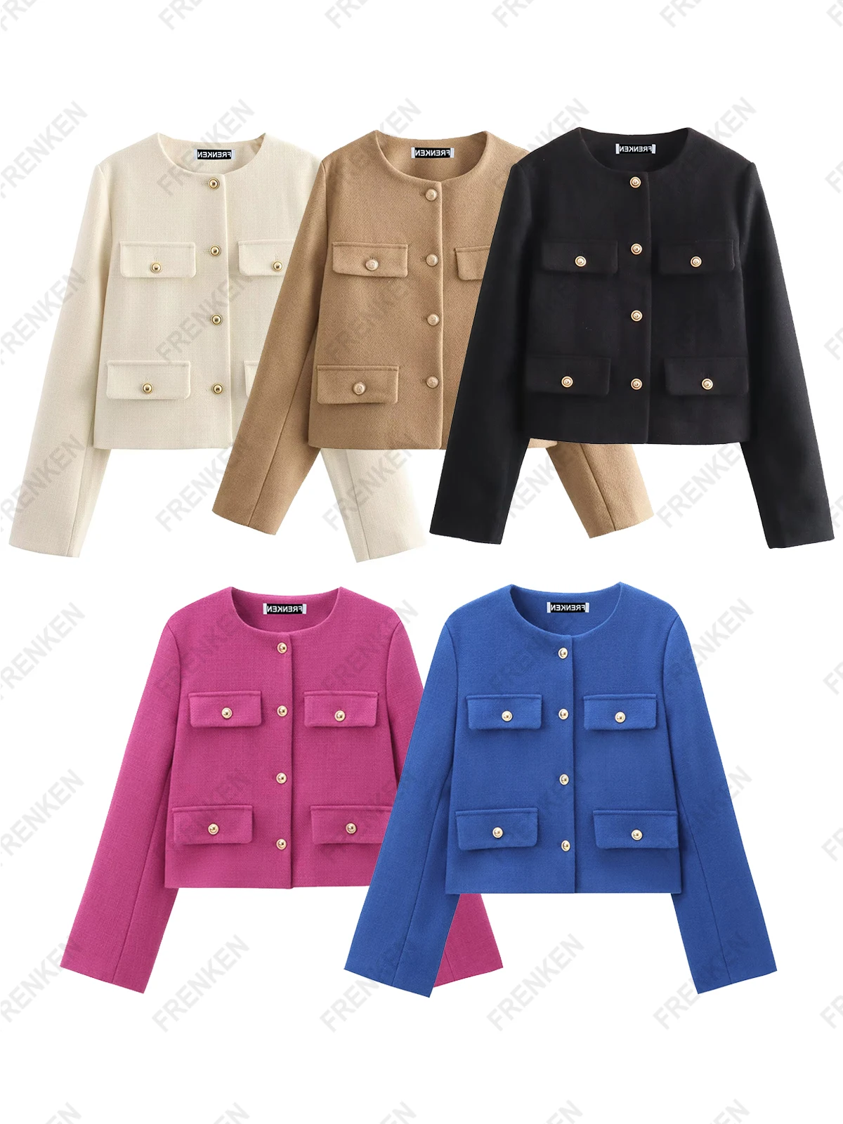 

FRENKEN，Tweed Cropped Jacket Woman Long Sleeve Vintage Jacket Woman Fashion Button Elegant Jackets For Women New In Short Coats