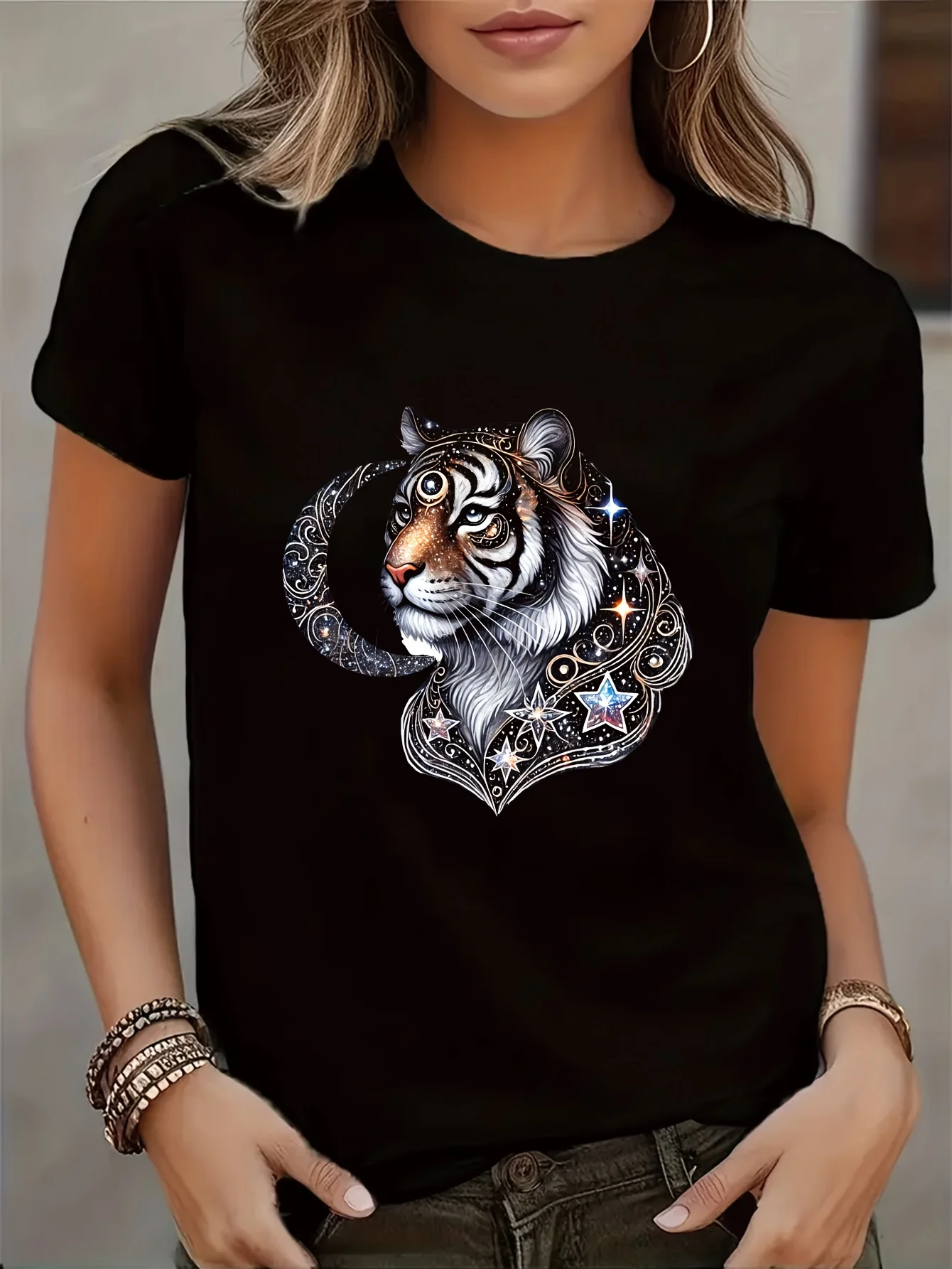 Women's White Polo Shirt with Tiger Geometric Print Short Sleeve Round Neck Casual Spring Summer Polyester Blend Stretchable Top