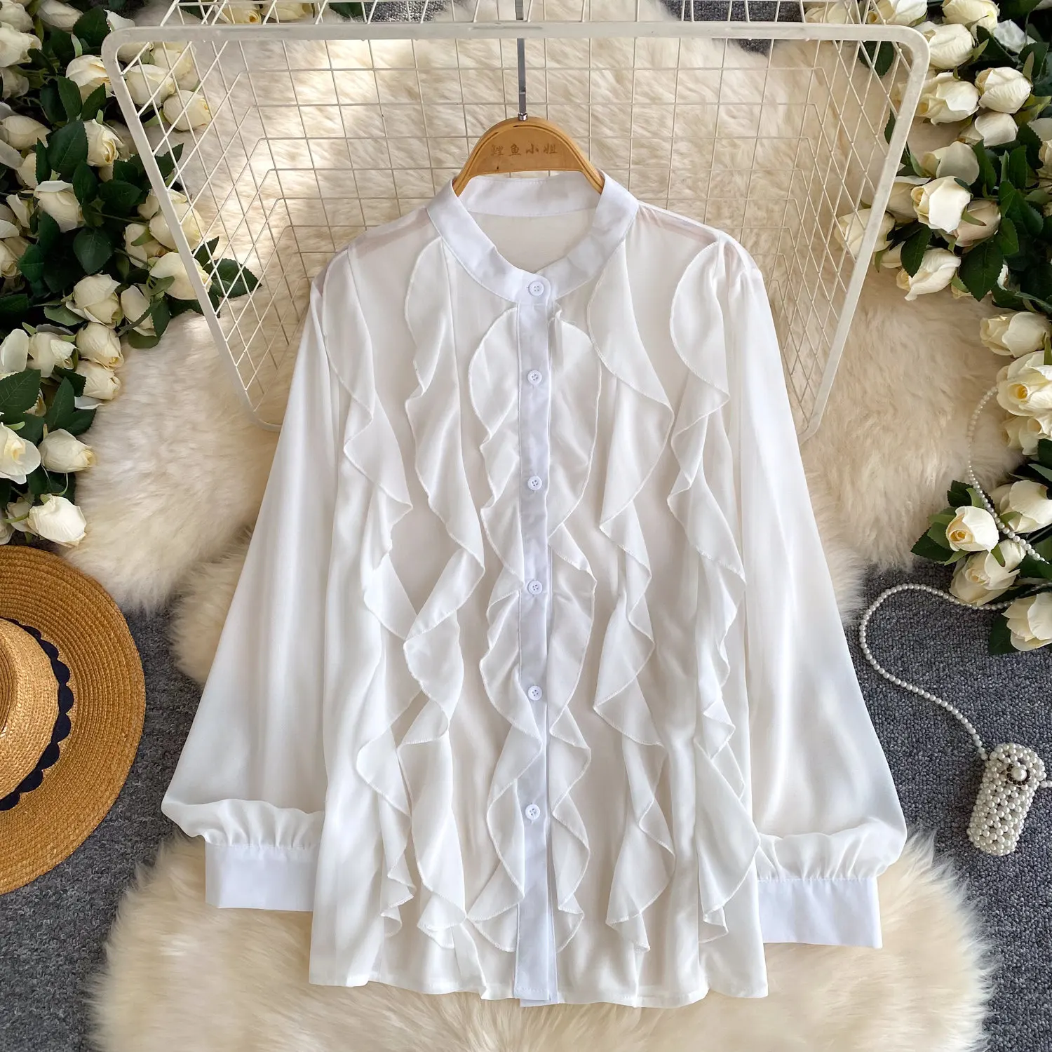 

Women Shirt Solid Blouses Ruffle Hem Long Sleeves Round Neck Single Breasted Slight Strech Loose Office Lady Casual 2026 Spring
