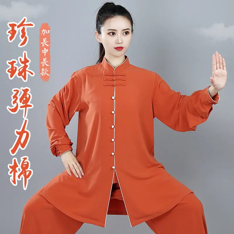 Embroidered Spring/Autumn Tai Chi Suit for Women – Pearl Cotton Mid-Length Performance &Morning Practice Uniform, Authentic Wus