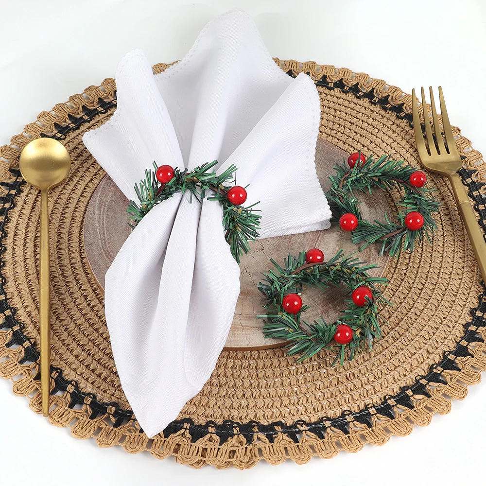 6 Pcs Red Fruit Pine Needle Flower Rings, Thanksgiving, Christmas, Wedding Table Decorations, Napkin Rings