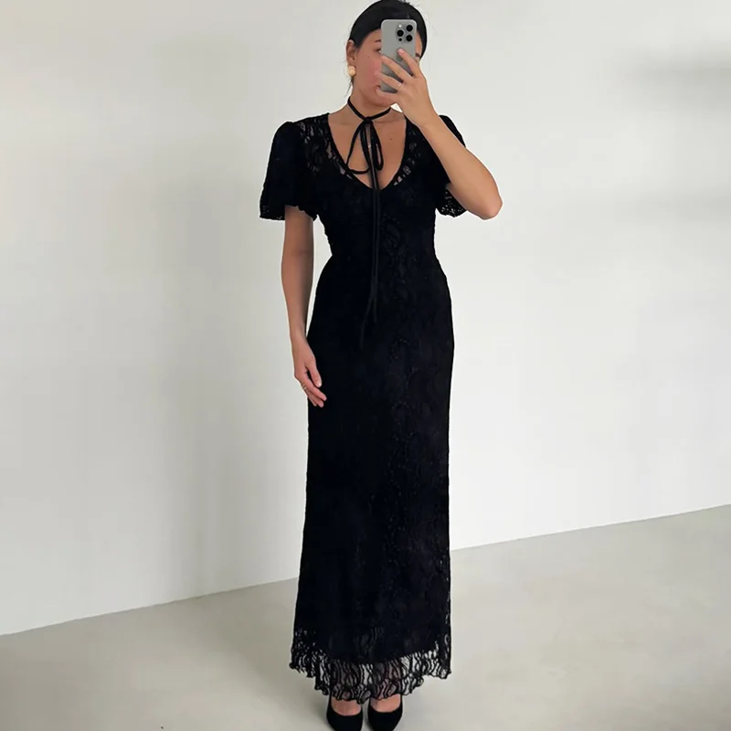 

Ticketsx Lace Patchwork Long Dress Black Plunge See Through Hollow Out Scarf Bibbon Slim Women Dress Elegant Party Evening Dress