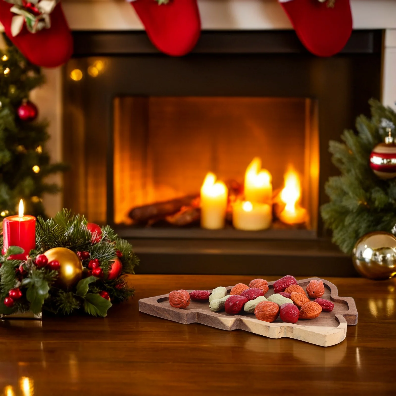 

Festive Wooden Christmas Tree Tray Holiday Snack Serving Board for Appetizers Candies Fruits Family Gatherings Decorative Table