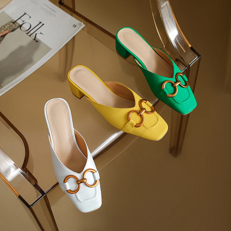 

Genuine Leather Fashion Women Mules Modern 4cm Thick Med heel Slippers Summer metal Buckle Mules heels Sandals Elegant Pumps