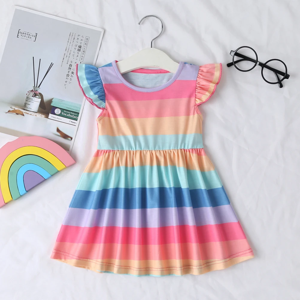 

Rainbow Stripe Sleeveless Lace Dress Kids Summer Clothes Adorable Girl Stripe Outfit For Carnival Party Cosplay 120Cm Size