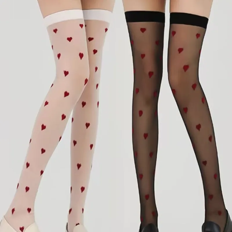 

Lolita White Aesthetic Over-Knee Girl JK Socks-Kawaii Red Heart Embroidered Thigh High Stockings for Women Sweet Pantyhose