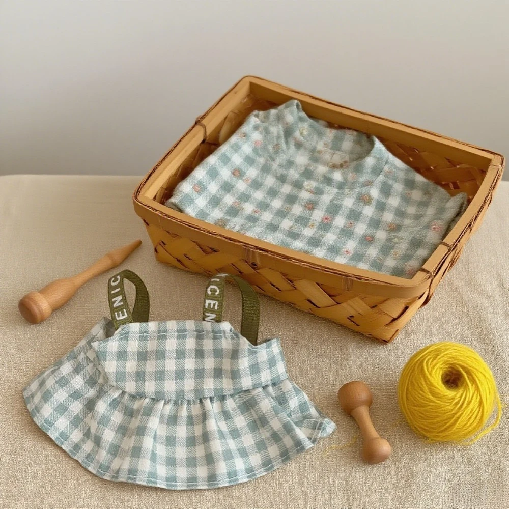 

For labubu sitting party blue pink strap fragrant skirt set outfit clothes sweet.for labubu clothes