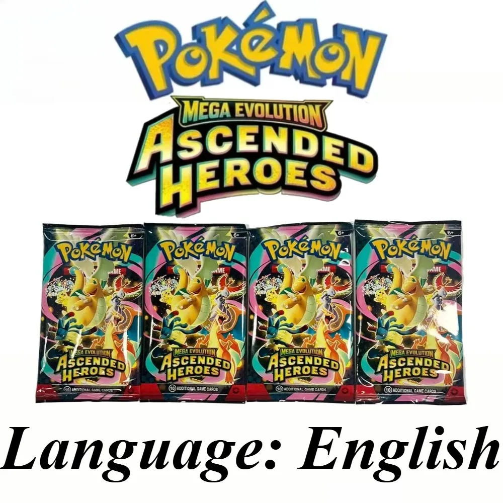 Pack de boosters Pokémon TCG Mega Evolution Ascended Heroes, version anglaise, cartes par pack, cartes à collectionner rares pour collection ou cadeau