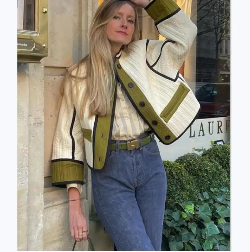 Color Block Cotton Jacket Women's Autumn Winter Oversized Loose Fit Quilted Coat Contrast Collar Streetwear Fashion Outerwear