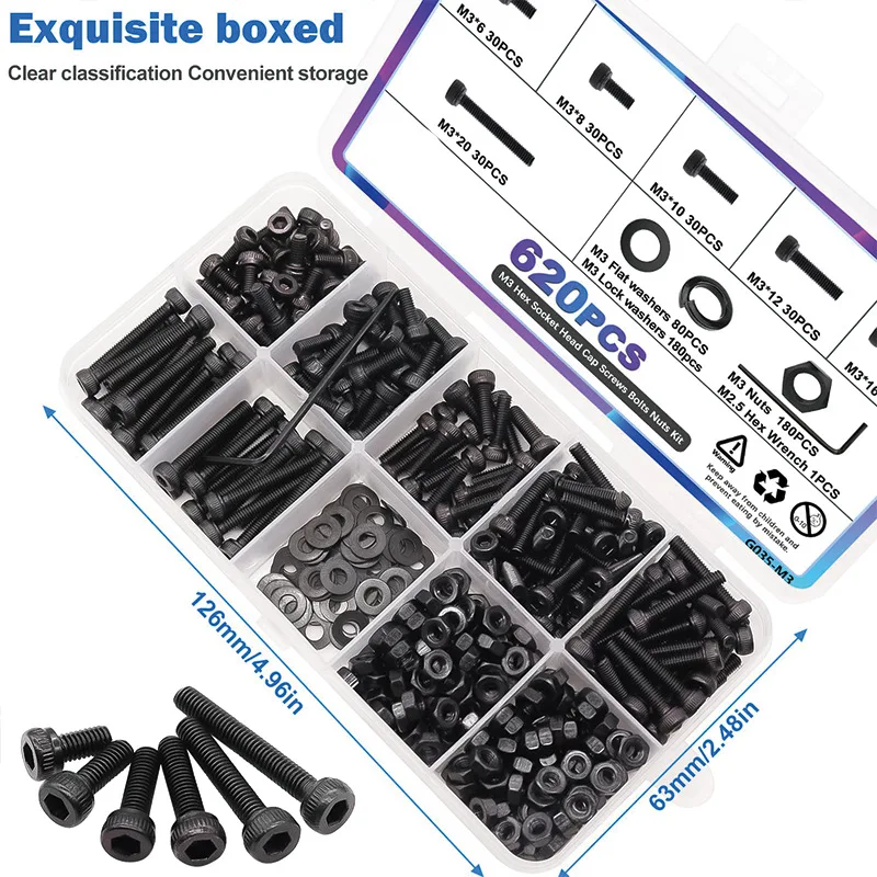 620Pcs 12.9 Grade Alloy Steel Screws Nuts Flat & Spring Washers Assortment Kit, M3 Fastener Set for 3D Printer