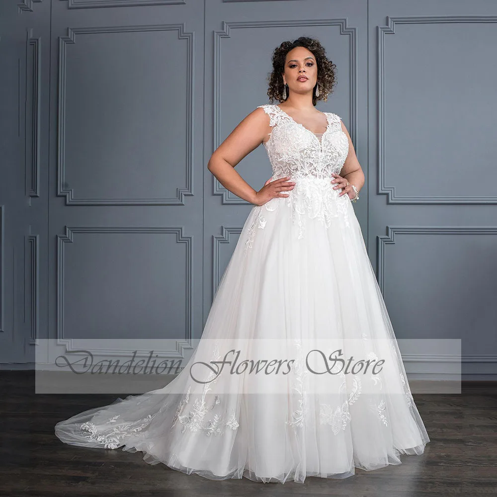 Classic Wedding Dresses Plus Size V-Neck Cap Sleeves Zipper Backless Bride Gowns Tulle A-Line Sweep Train فستان حفلات الزفاف