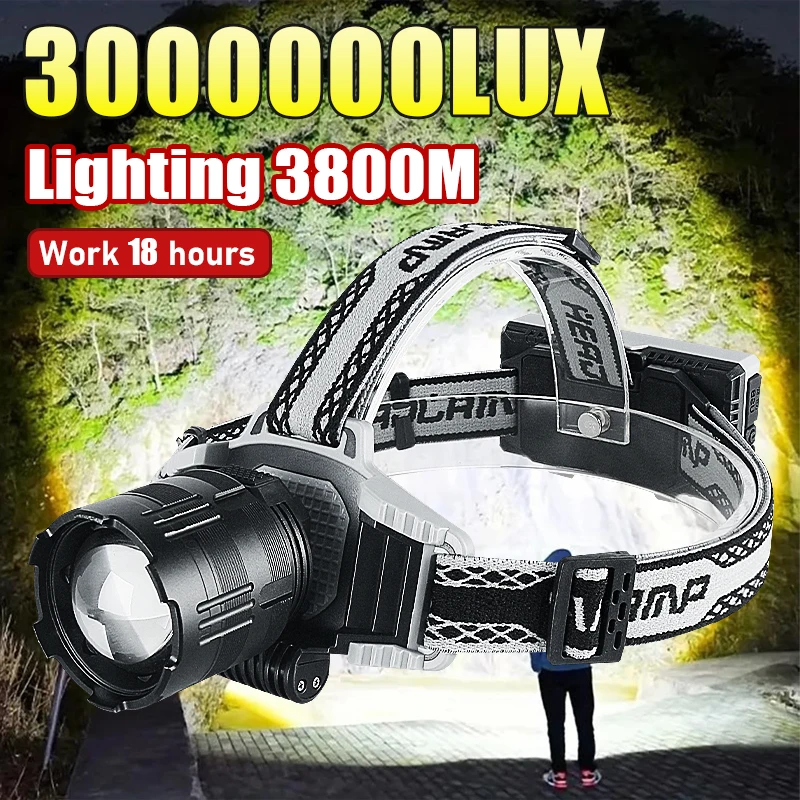 

New 3000000LM Headlamp 18650 Rechargeable LED Front Lamp IPX6 Waterproof Powerful Headlight Super Bright Outdoor Fishing Lantern