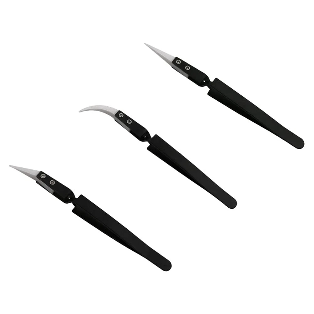 3Pcs Anti-Static Reverse Ceramic Tweezer IC SMD SMT Reverse Tweezers Heat Resistant 1000 Degree Hand Tools Black