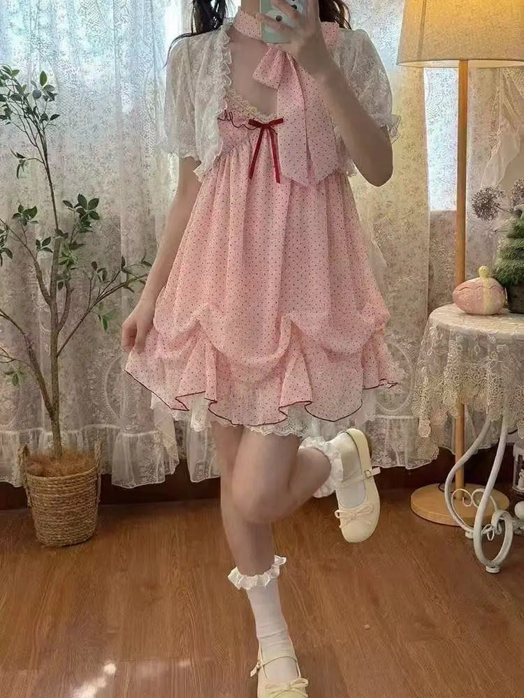 Japanese Fashion Sweet Cute 2 Piece Set Women Mini Lace Tops + Polka Dot Dress New Fit Chic Kawaii Fluffy Retro Suit Summer 2026