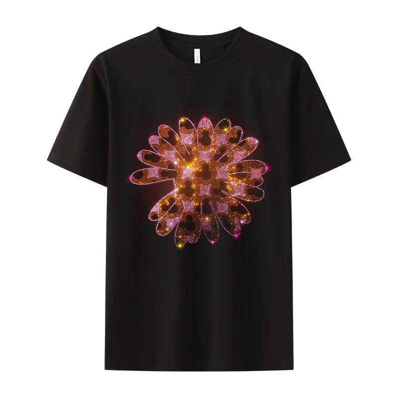 

Fashion t shirts for men rhinestones flowers ropa short sleeves summer tops cotton high quality tees