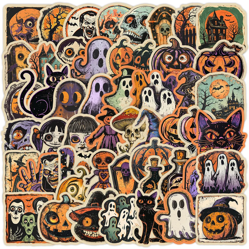 Autocollants Graffiti rétro Halloween, 50/100 pièces, décoration créative, ordinateur, Skateboard, tasse d'eau, dessin animé étanche, jouets pour enfants