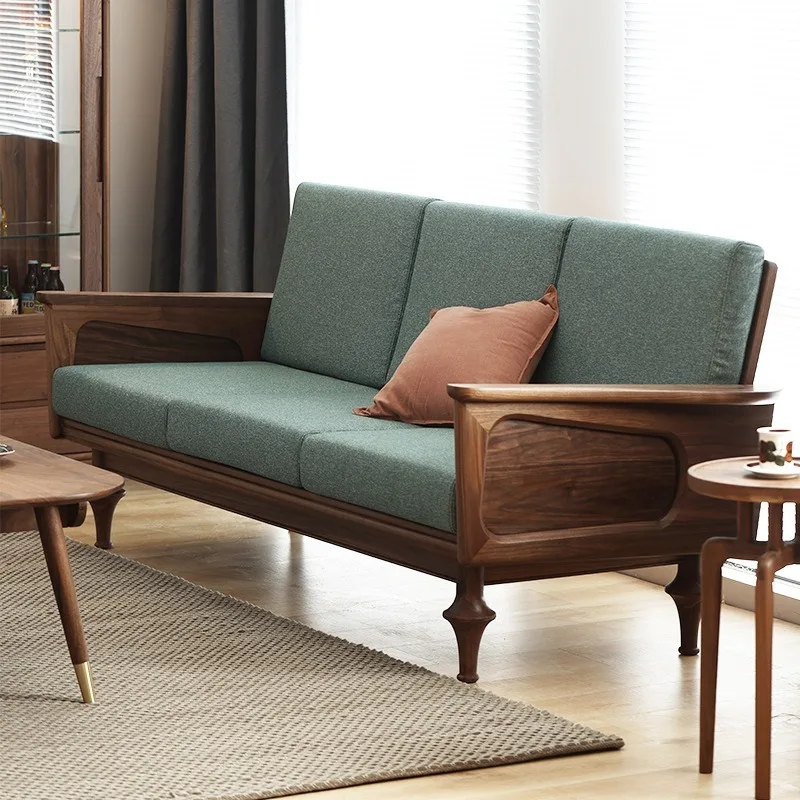 All solid wood Nordic living room three-person fabric sofa, small apartment black walnut light retro sofa