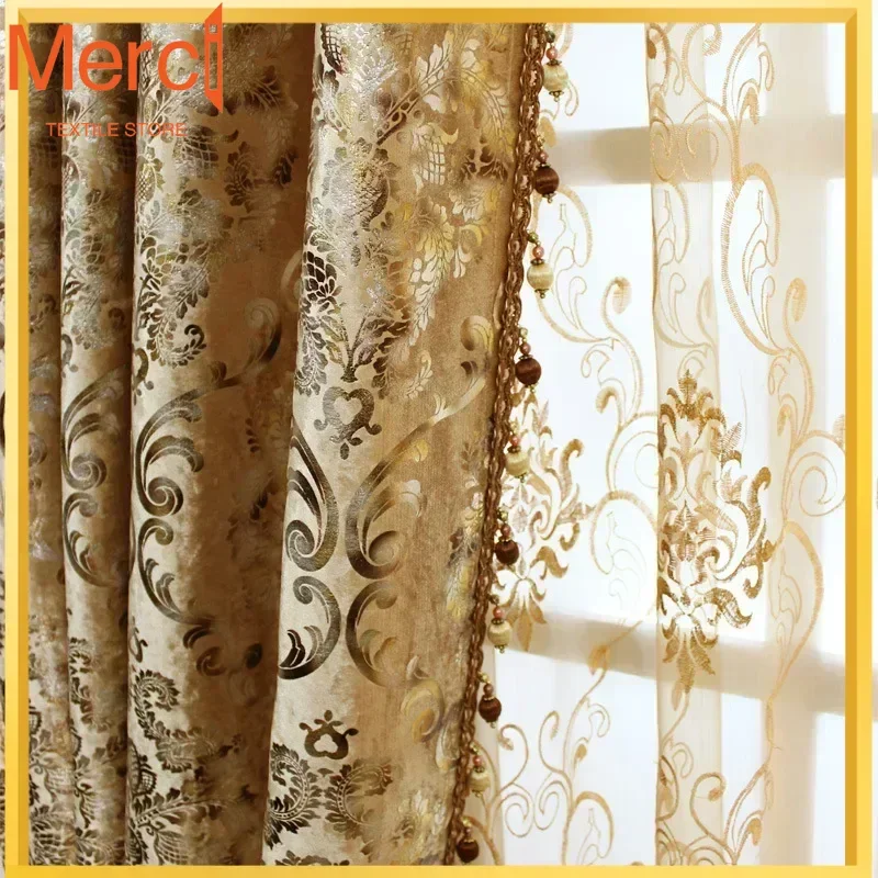

European Luxury Gold Curtains For Living Room Bedroom Sheer Embroidered Tulle Print Shading Windows Backdrop Customize Шторы