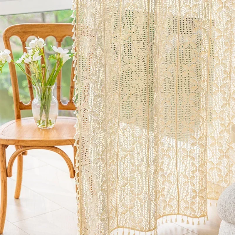 Boho Curtains for Living Room Vintage Handmade Crochet Farmhouse Hollow Out Knitting Lace Rod Light Filtering Drapes Bedroom