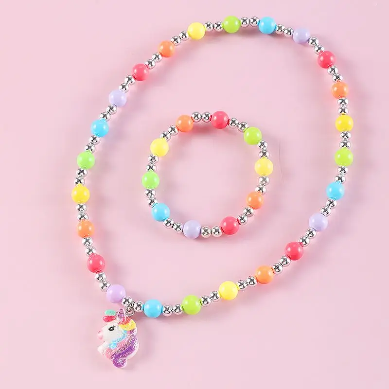 Makersland Children Sweet Necklace Bracelet Set Cute Pendant Pink Purple Beaded Girls Necklace Beads DIY Jewelry Wholesale