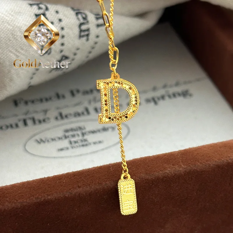 GoldNouveau Luxury 24K 9999 Pure Gold real gold Women's Necklace Letter D Fish Scale Lucky Tassel Light Luxury Clavicle Chain